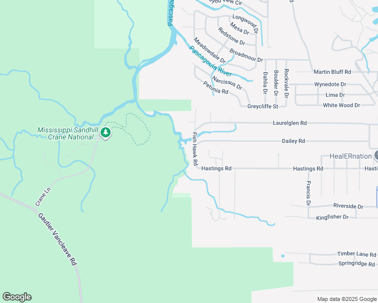 map of restaurants, bars, coffee shops, grocery stores, and more near 7433 Fish Hawk Road in Gautier