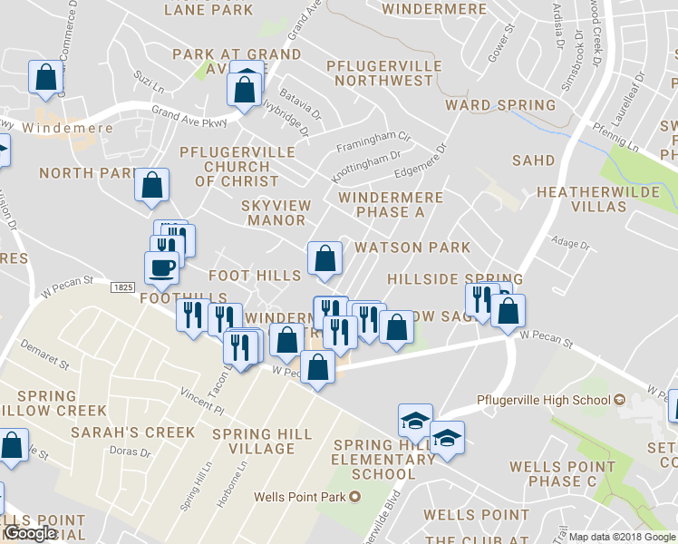 map of restaurants, bars, coffee shops, grocery stores, and more near 16014 Windermere Drive in Pflugerville