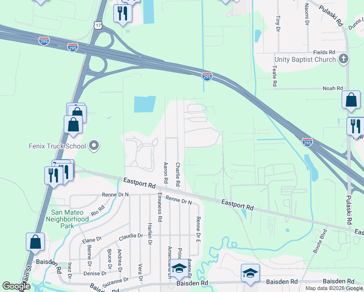 map of restaurants, bars, coffee shops, grocery stores, and more near 11744 Charlie Road in Jacksonville