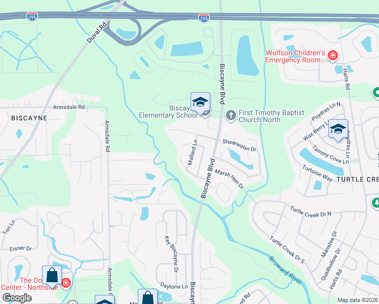 map of restaurants, bars, coffee shops, grocery stores, and more near 11762 Mallard Lane in Jacksonville