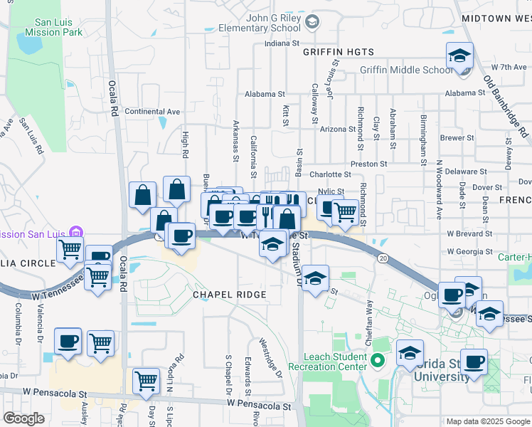 map of restaurants, bars, coffee shops, grocery stores, and more near 885 Campus Circle in Tallahassee