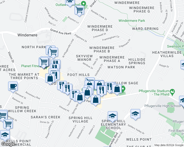 map of restaurants, bars, coffee shops, grocery stores, and more near 16026 Fitchburg Circle in Pflugerville
