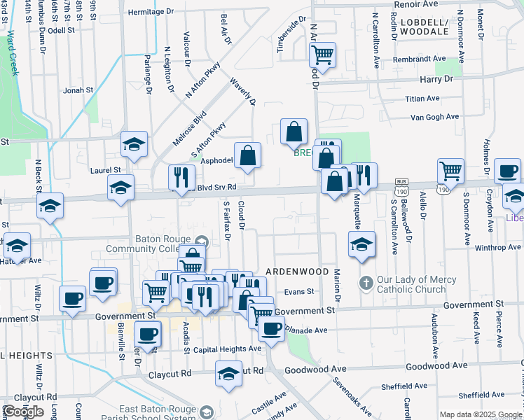 map of restaurants, bars, coffee shops, grocery stores, and more near 5750 Florida Boulevard in Baton Rouge