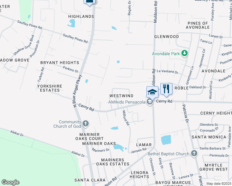 map of restaurants, bars, coffee shops, grocery stores, and more near 5278 Westwind Circle in Pensacola