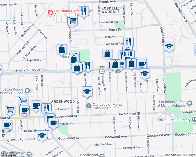 map of restaurants, bars, coffee shops, grocery stores, and more near 6536 Florida Boulevard in Baton Rouge