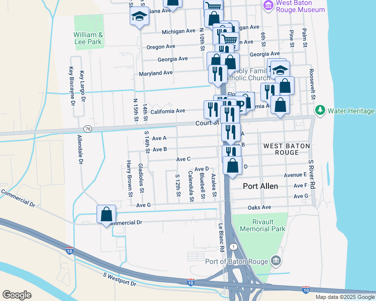 map of restaurants, bars, coffee shops, grocery stores, and more near 1125 Avenue B in Port Allen