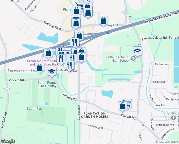 map of restaurants, bars, coffee shops, grocery stores, and more near 211 Cathryn Drive in Denham Springs