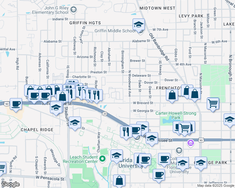 map of restaurants, bars, coffee shops, grocery stores, and more near 940 West Brevard Street in Tallahassee