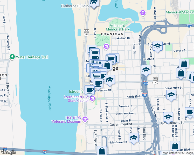 map of restaurants, bars, coffee shops, grocery stores, and more near 350 3rd Street in Baton Rouge