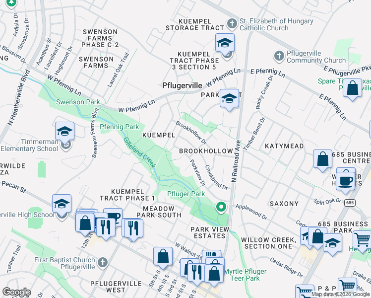 map of restaurants, bars, coffee shops, grocery stores, and more near 801 Creekbend Drive in Pflugerville