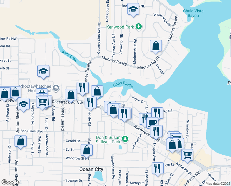 map of restaurants, bars, coffee shops, grocery stores, and more near 951 Don Drive in Fort Walton Beach