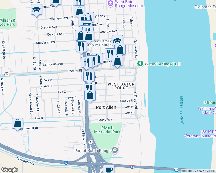 map of restaurants, bars, coffee shops, grocery stores, and more near 352 Whitehead Boulevard in Port Allen