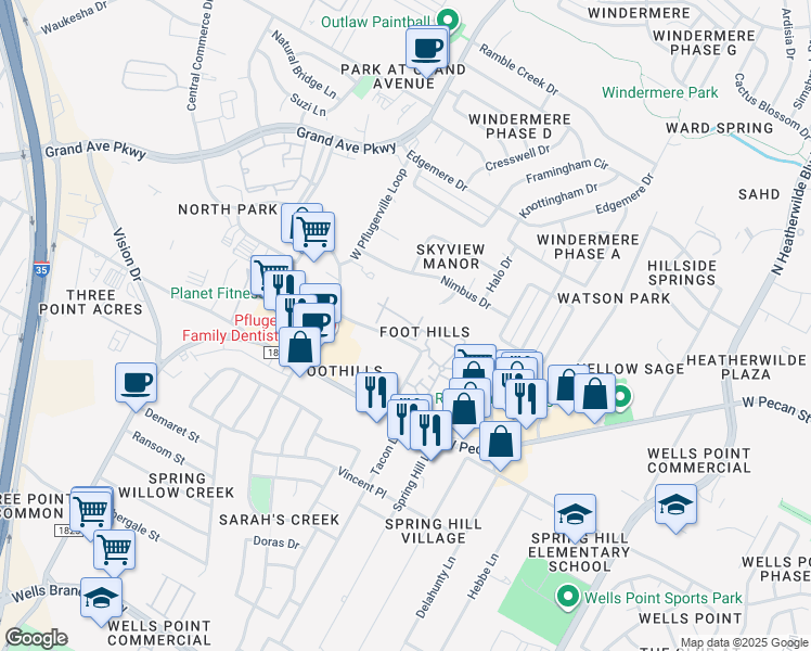 map of restaurants, bars, coffee shops, grocery stores, and more near 11 Foothill Farms Loop in Pflugerville