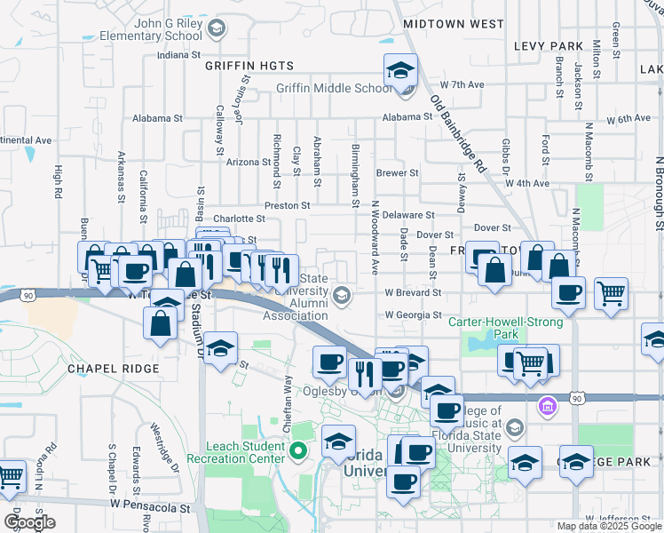 map of restaurants, bars, coffee shops, grocery stores, and more near 700 North Woodward Avenue in Tallahassee