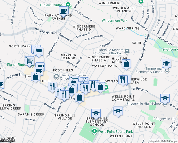 map of restaurants, bars, coffee shops, grocery stores, and more near 16014 Windermere Drive in Pflugerville