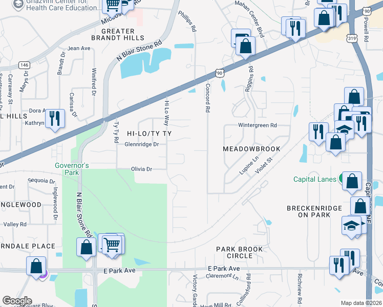 map of restaurants, bars, coffee shops, grocery stores, and more near 2303 Canter Court in Tallahassee