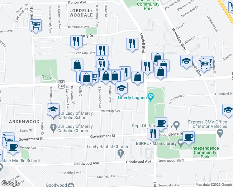 map of restaurants, bars, coffee shops, grocery stores, and more near 111 Ship Drive in Baton Rouge