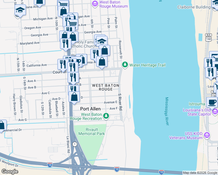 map of restaurants, bars, coffee shops, grocery stores, and more near 416 Avenue C in Port Allen