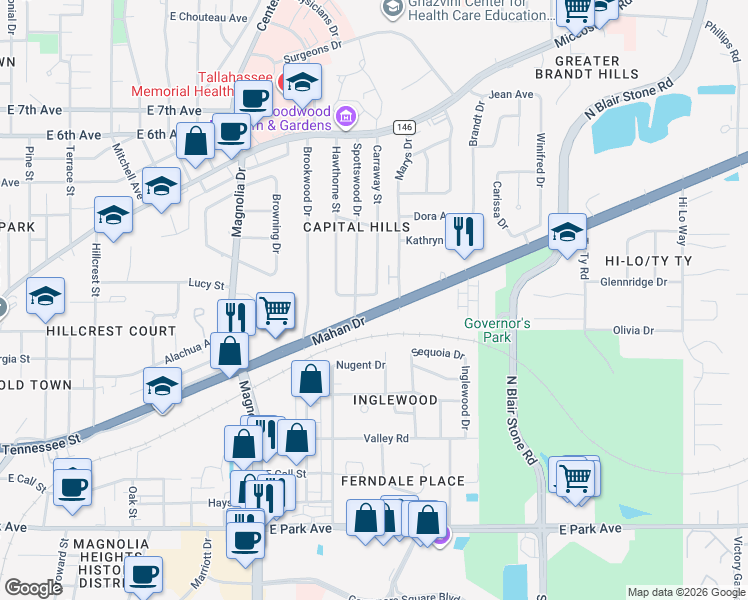 map of restaurants, bars, coffee shops, grocery stores, and more near 1607 Sauls Street in Tallahassee