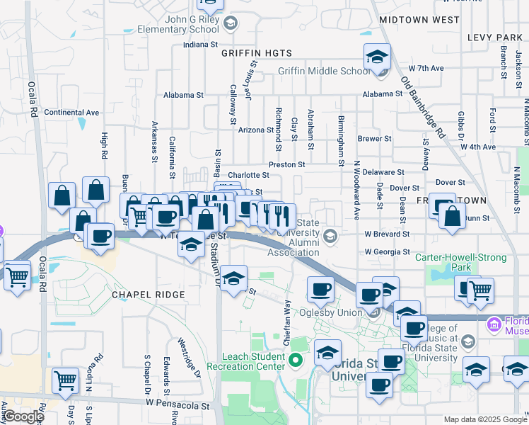 map of restaurants, bars, coffee shops, grocery stores, and more near 1323 Hancock Street in Tallahassee
