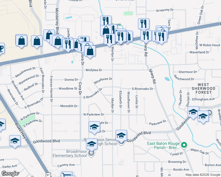 map of restaurants, bars, coffee shops, grocery stores, and more near 524 Marilyn Drive in Baton Rouge