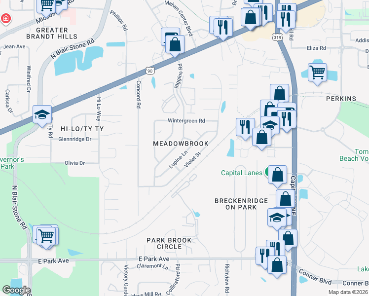 map of restaurants, bars, coffee shops, grocery stores, and more near 737 Lupine Lane in Tallahassee
