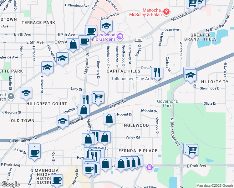 map of restaurants, bars, coffee shops, grocery stores, and more near 1511 Sauls Street in Tallahassee