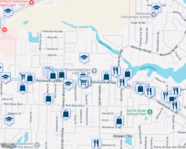 map of restaurants, bars, coffee shops, grocery stores, and more near 110 Racetrack Road Northwest in Fort Walton Beach