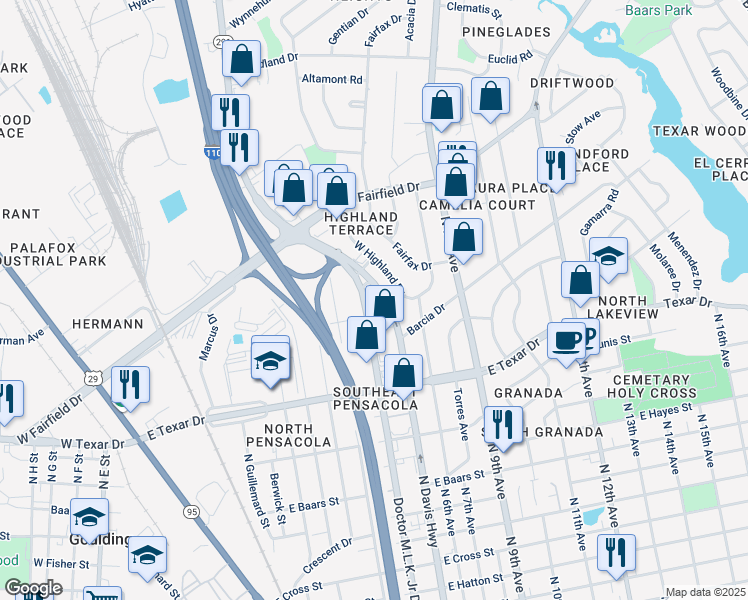 map of restaurants, bars, coffee shops, grocery stores, and more near 3497 Dr Martin Luther King Jr Dr in Pensacola