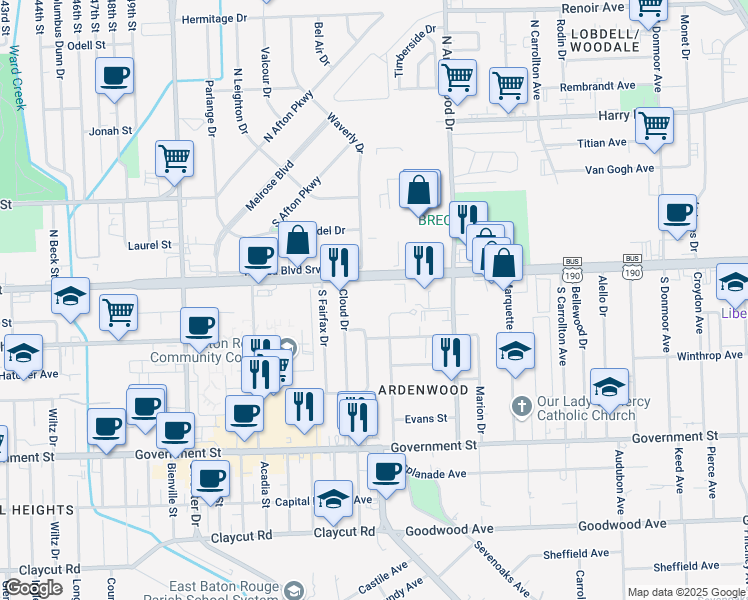 map of restaurants, bars, coffee shops, grocery stores, and more near 5750 Florida Boulevard in Baton Rouge