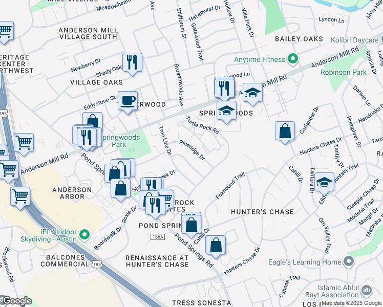 map of restaurants, bars, coffee shops, grocery stores, and more near 8806 Piney Point Drive in Austin