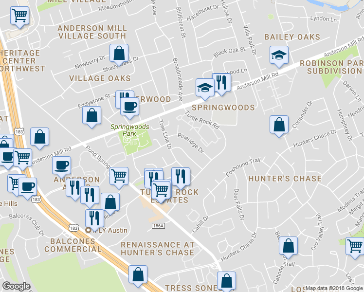 map of restaurants, bars, coffee shops, grocery stores, and more near 8806 Piney Point Drive in Austin