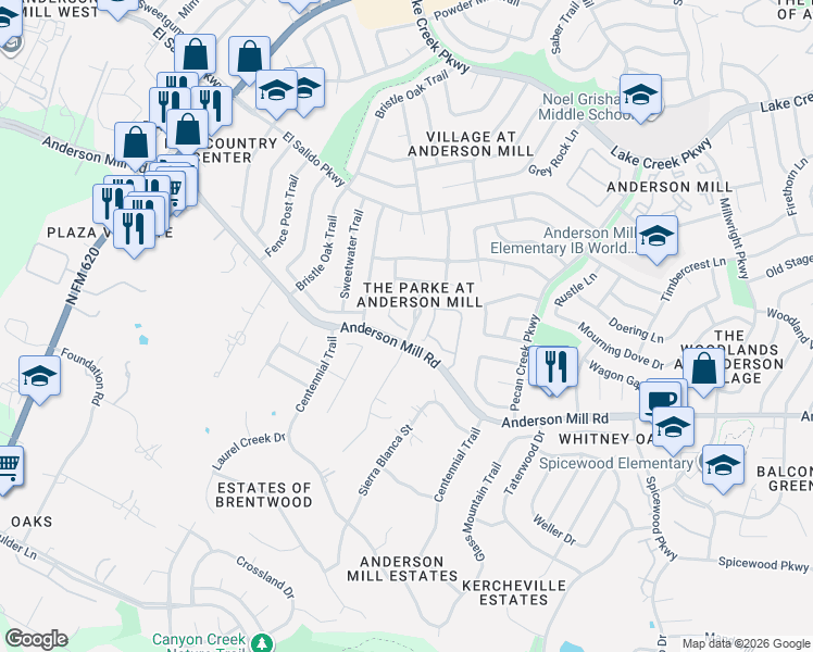 map of restaurants, bars, coffee shops, grocery stores, and more near 11505 Brandon Parke Trail in Austin