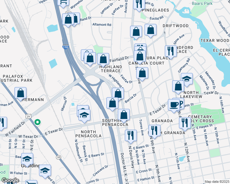 map of restaurants, bars, coffee shops, grocery stores, and more near 3497 Dr Martin Luther King Jr Dr in Pensacola