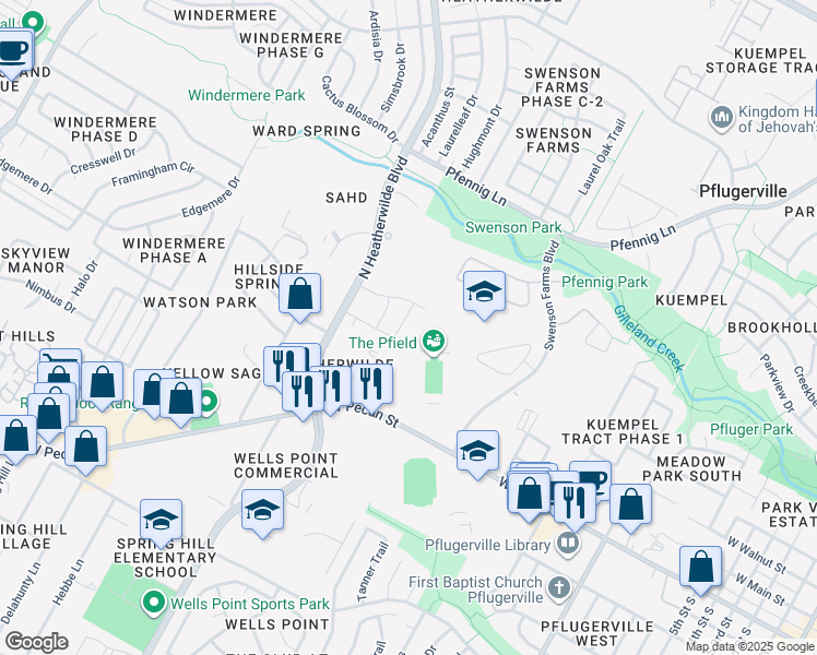 map of restaurants, bars, coffee shops, grocery stores, and more near 413 Epiphany Lane in Pflugerville