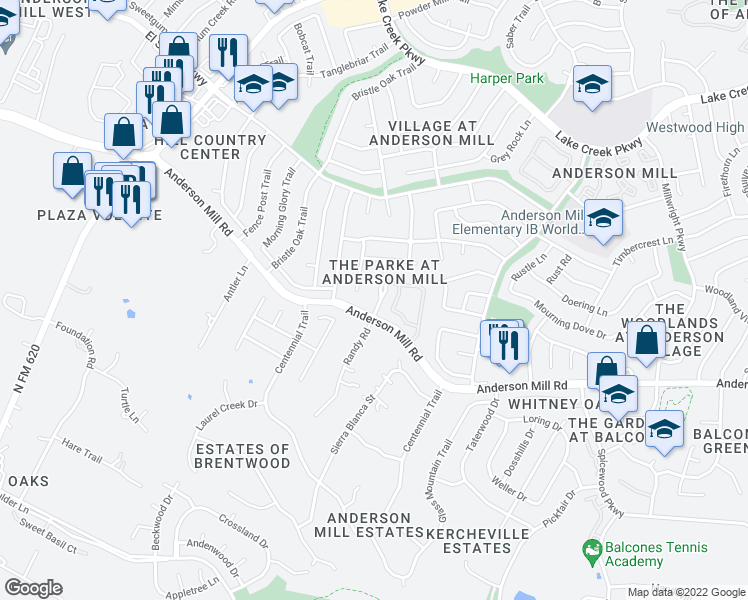 map of restaurants, bars, coffee shops, grocery stores, and more near 11509 Brandon Parke Trail in Austin