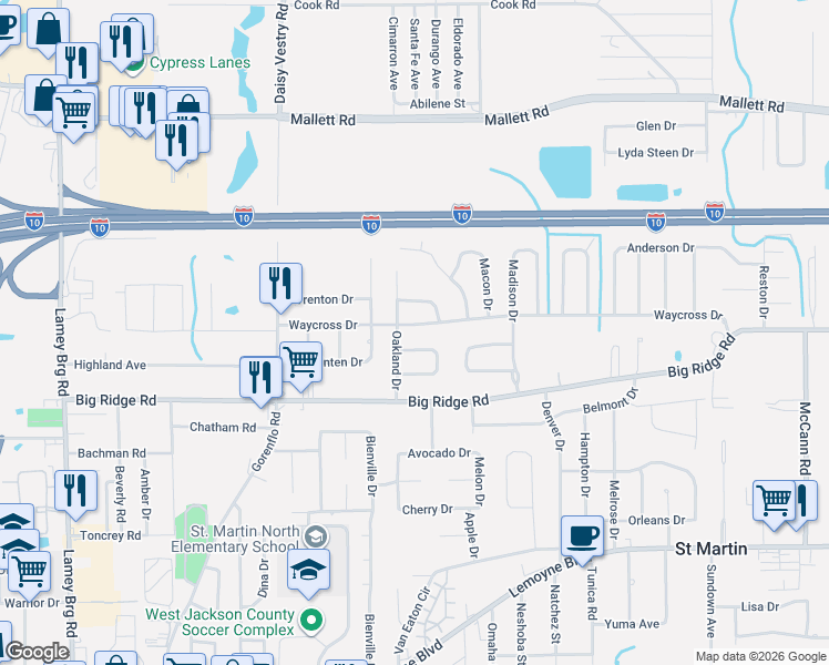 map of restaurants, bars, coffee shops, grocery stores, and more near 16060-16064 Brooklyn Drive in Biloxi