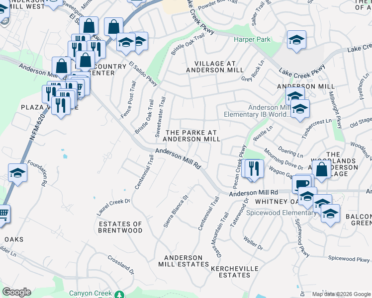 map of restaurants, bars, coffee shops, grocery stores, and more near 11505 Brandon Parke Trail in Austin