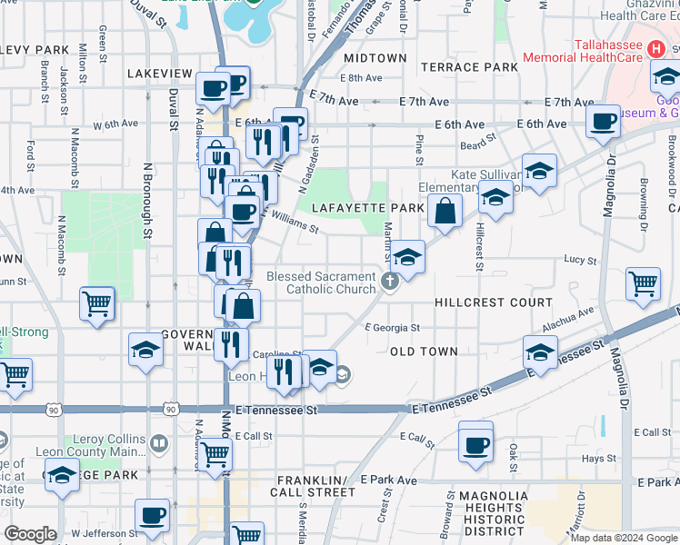 map of restaurants, bars, coffee shops, grocery stores, and more near 515 McDaniel Street in Tallahassee