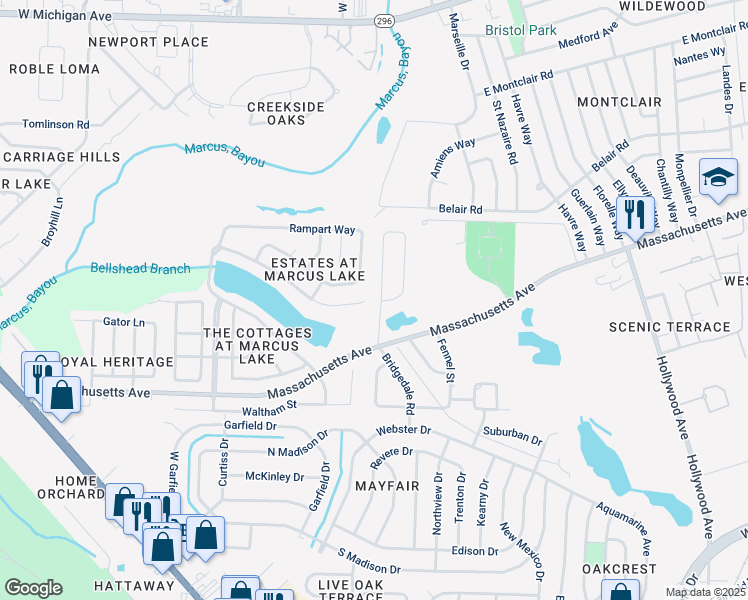 map of restaurants, bars, coffee shops, grocery stores, and more near 4766 Bridgedale Road in Pensacola