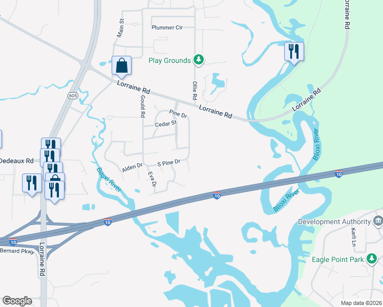 map of restaurants, bars, coffee shops, grocery stores, and more near 11398 South Pine Drive in Gulfport