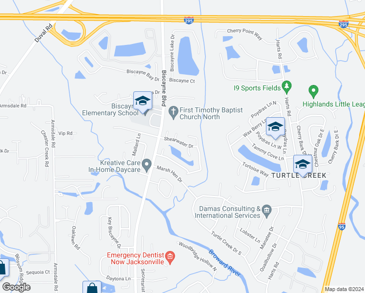 map of restaurants, bars, coffee shops, grocery stores, and more near 1352 Shearwater Drive in Jacksonville