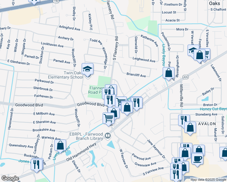 map of restaurants, bars, coffee shops, grocery stores, and more near 855 South Flannery Road in Baton Rouge