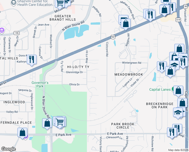 map of restaurants, bars, coffee shops, grocery stores, and more near 2303 Canter Court in Tallahassee