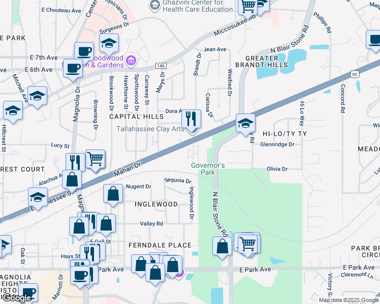 map of restaurants, bars, coffee shops, grocery stores, and more near 724 Pointe Court in Tallahassee