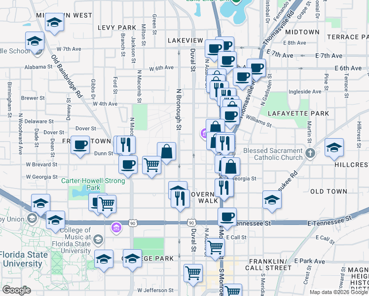 map of restaurants, bars, coffee shops, grocery stores, and more near 210 West 1st Avenue in Tallahassee