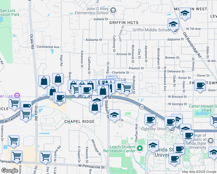 map of restaurants, bars, coffee shops, grocery stores, and more near 1416 West Tennessee Street in Tallahassee