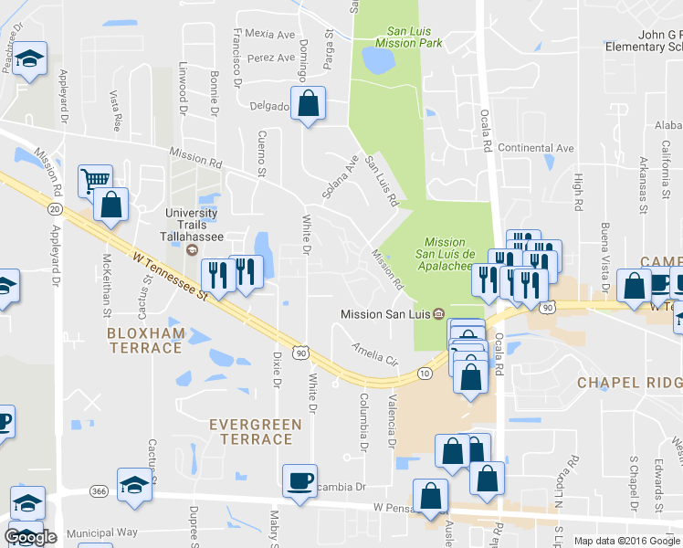 map of restaurants, bars, coffee shops, grocery stores, and more near 2312 Timberwood Circle South in Tallahassee