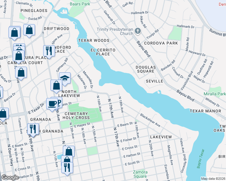 map of restaurants, bars, coffee shops, grocery stores, and more near 3400 North 18th Avenue in Pensacola