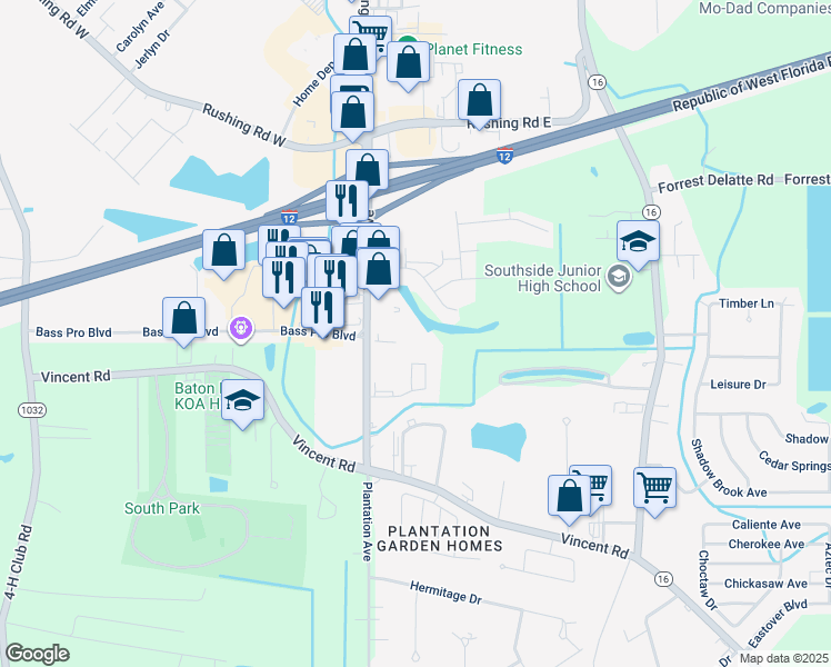 map of restaurants, bars, coffee shops, grocery stores, and more near 211 Cathryn Drive in Denham Springs